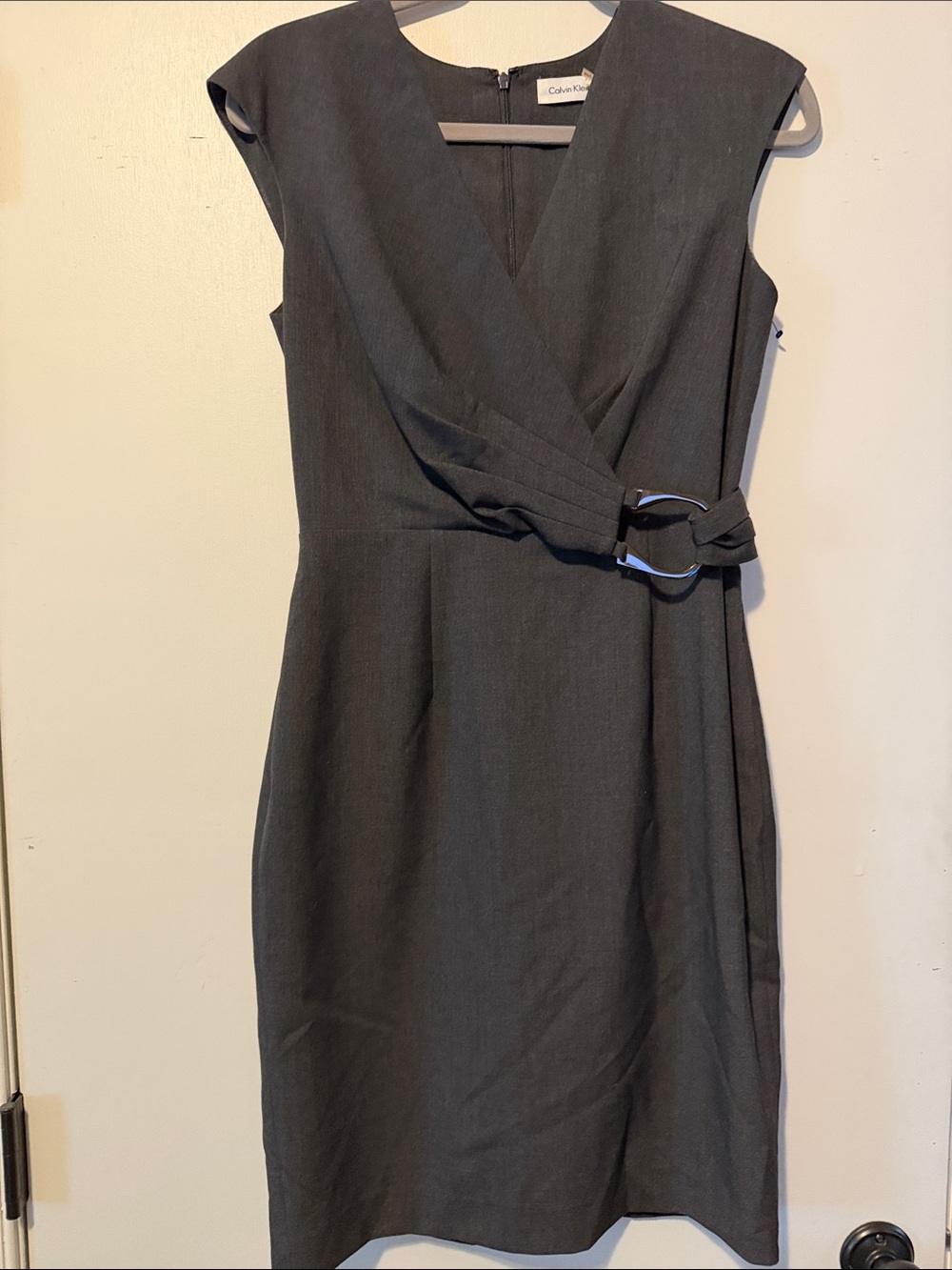 Calvin Klein Charcoal Sleeveless Wrap Sheath Dress with Buckle